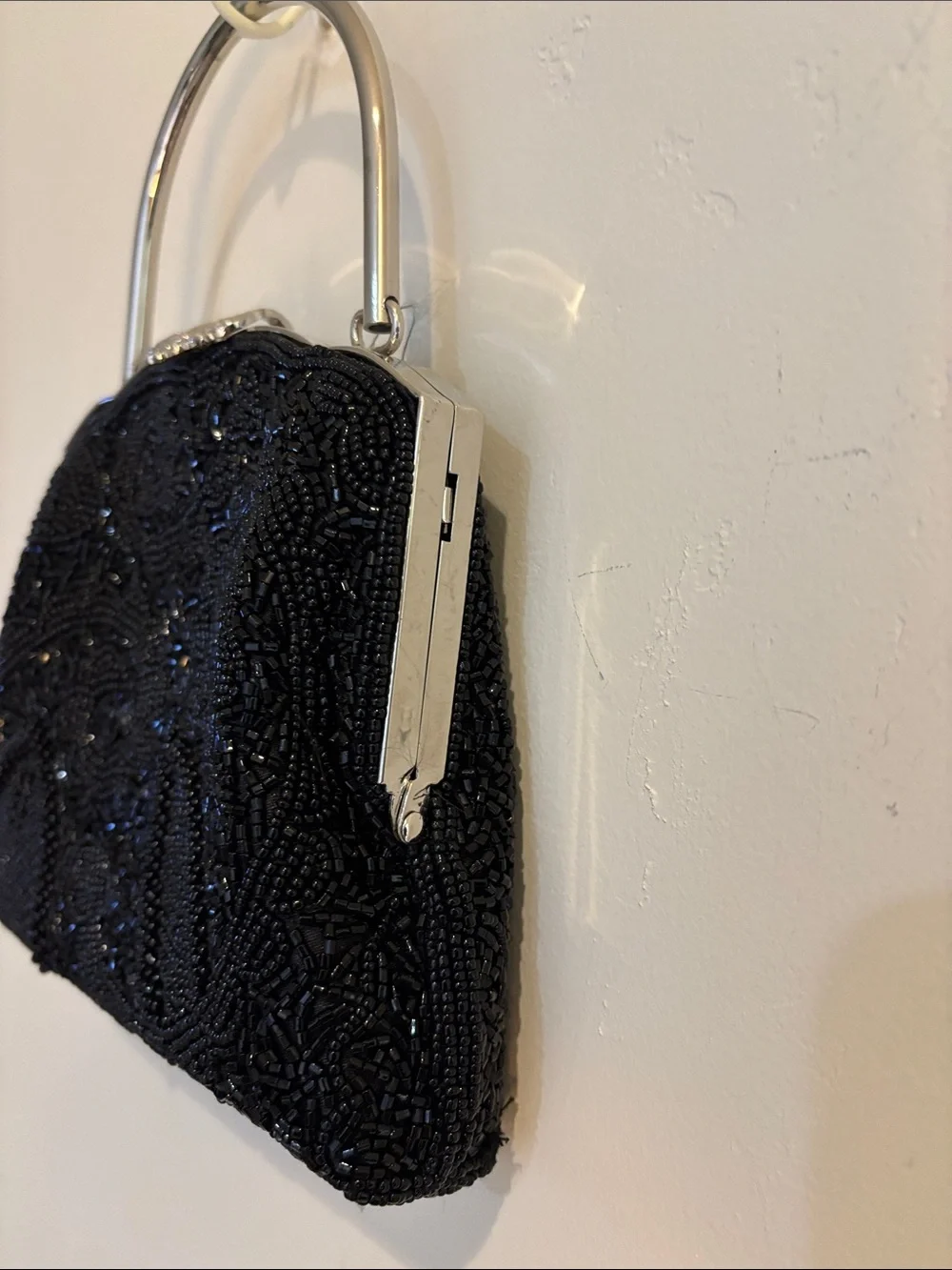Small Black Beaded w metal Handle Evening Bag, satin lining